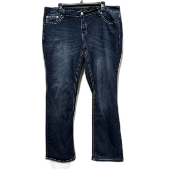 Love Indigo Denim Jeans Bootcut Flap Pockets Embroidered Dark Wash Womens sz 20 - Picture 1 of 9
